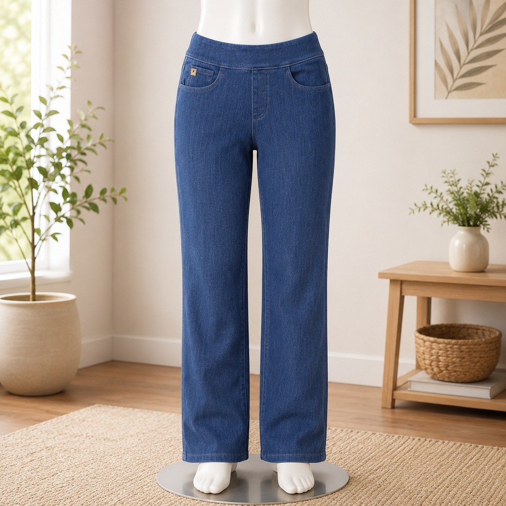 Susan Graver Pull On Denim Pants 12 Blue Straight Leg Stretch Comfort 1573